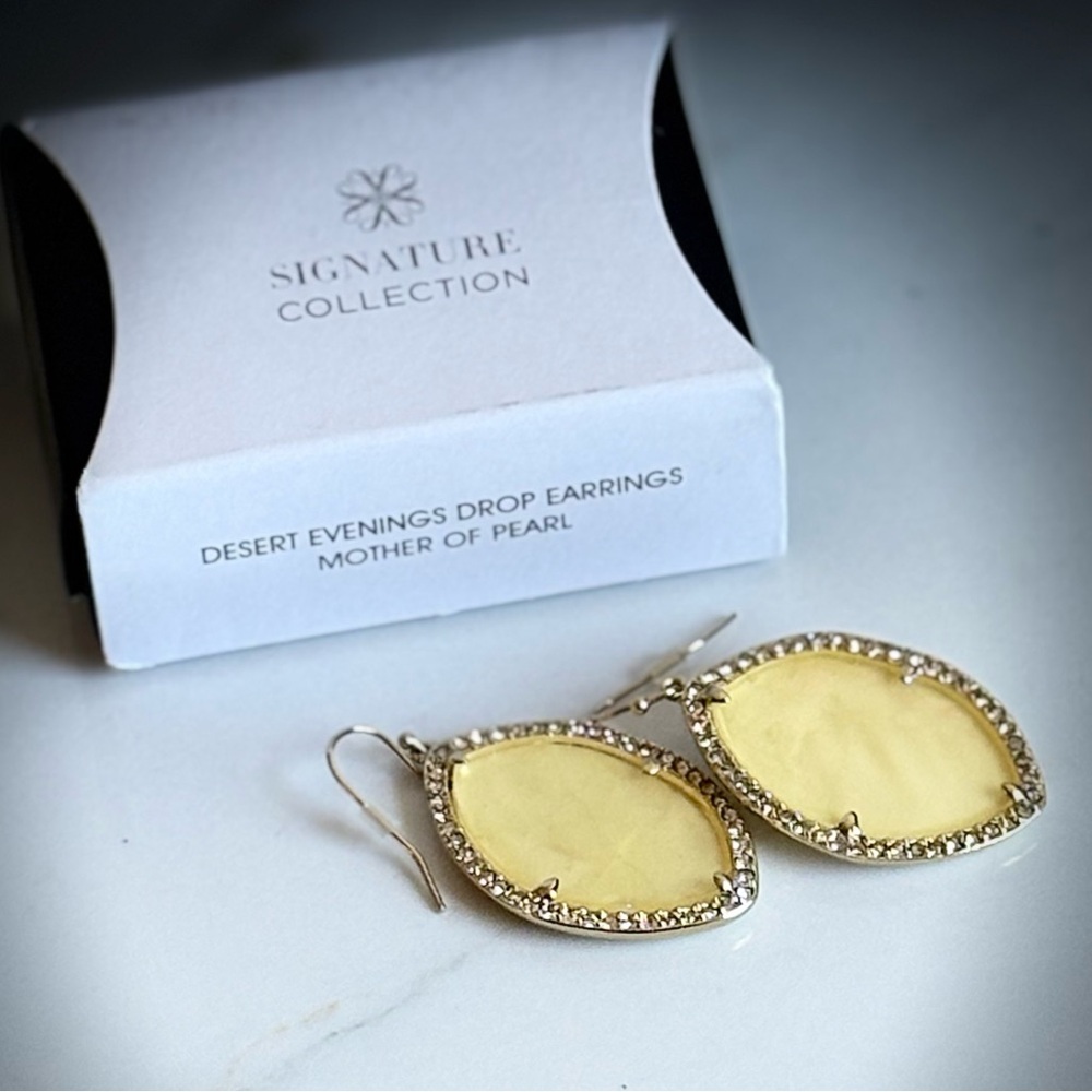Avon Mother of Pearl Gold Rhinestone Halo Drop Earrings Signature Collection